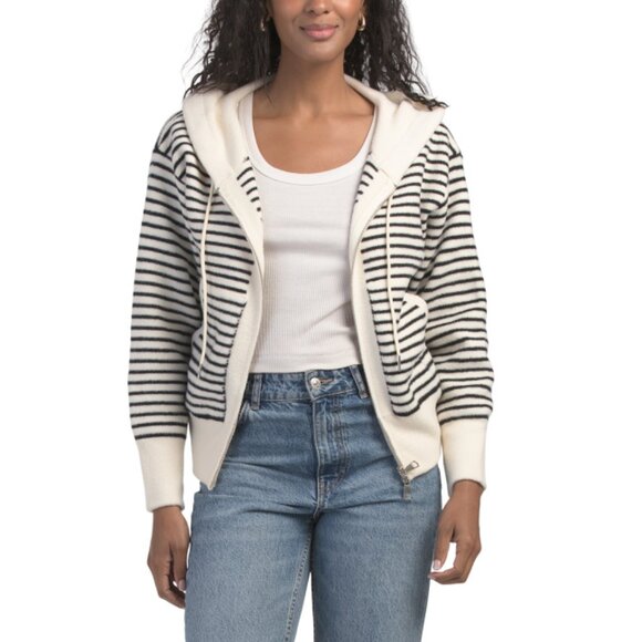COCOBLEU Black/White Hooded Zip Front Striped Sweater With Pockets - Picture 1 of 2